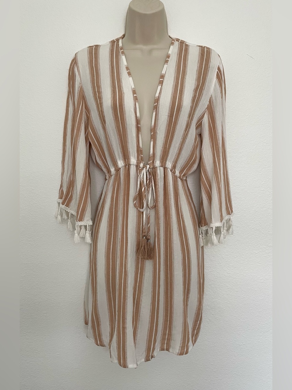 Blue Island Women’s Cream & Tan Striped Swim Cover-Up Dress Size S